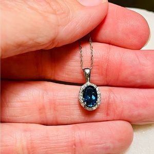 ZALES 10kt White Gold Oval Blue Sapphire & White Sapphire Pendant Necklace